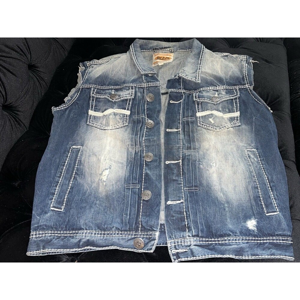 Rivet De Cru Mens 4X Distressed Denim Vest Blue Heavy Stitch Trucker Biker Y2K